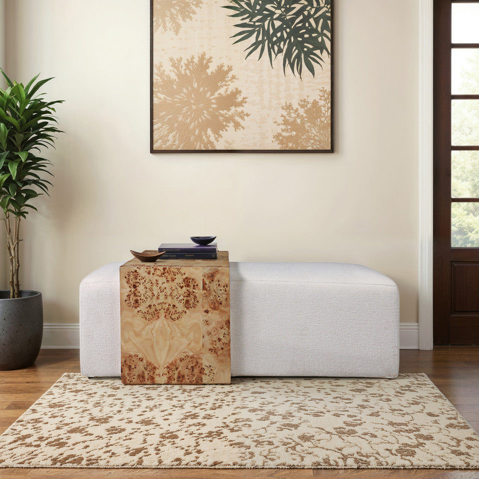 Rectangular Ottoman with Burl Wood Table, Ivory