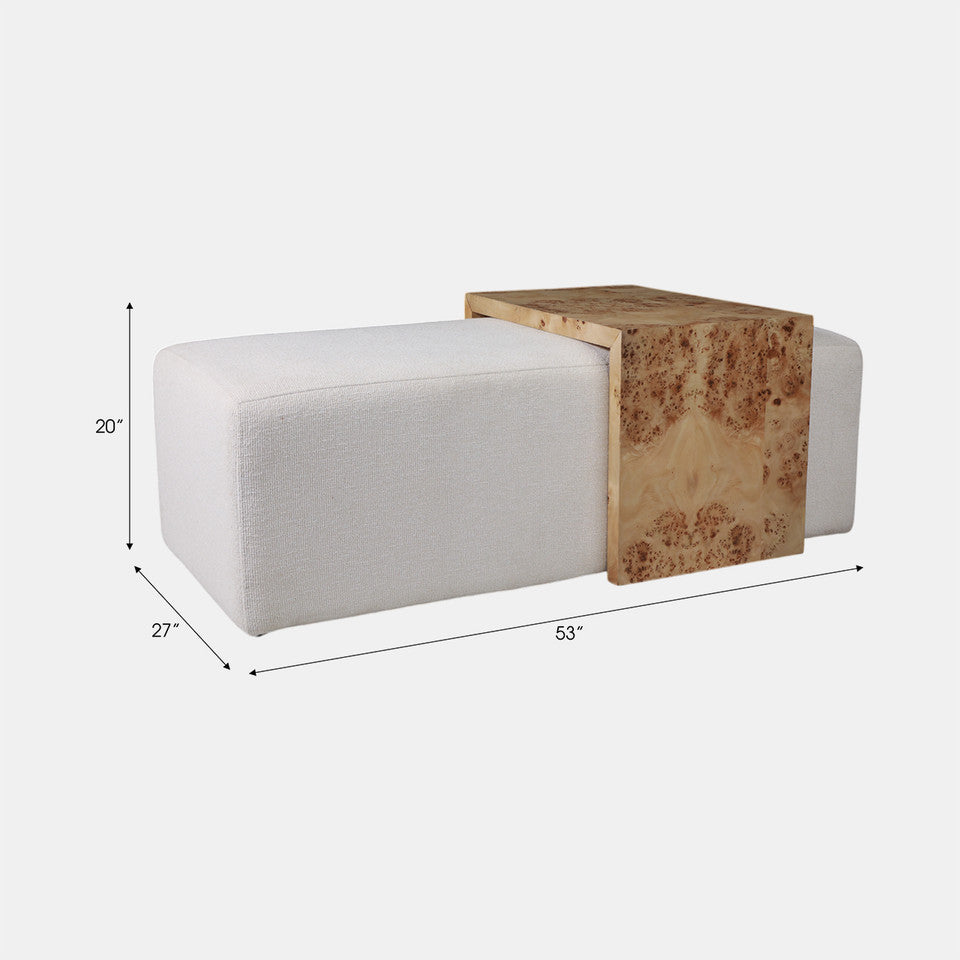 Rectangular Ottoman with Burl Wood Table, Ivory