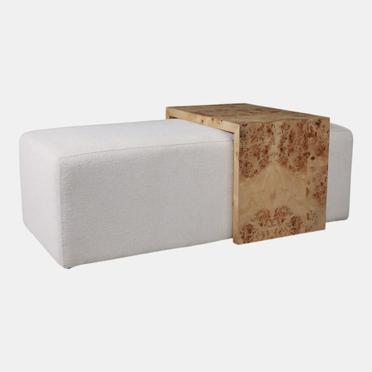 Rectangular Ottoman with Burl Wood Table, Ivory
