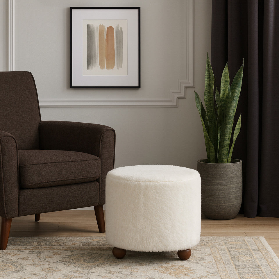 Faux Fur Ottoman with Ball Feet, Ivory