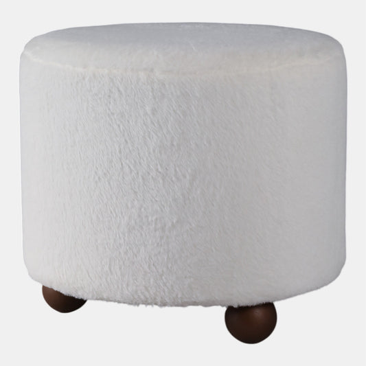 Faux Fur Ottoman with Ball Feet, Ivory