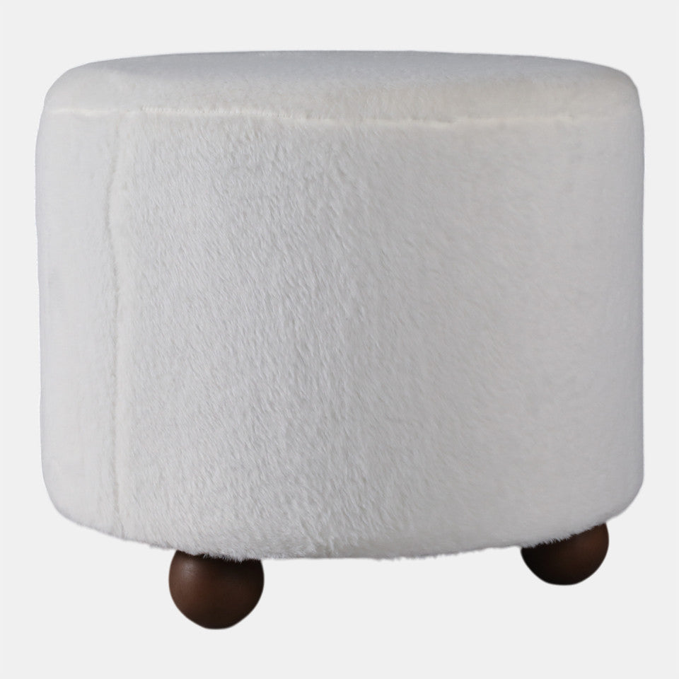 Faux Fur Ottoman with Ball Feet, Ivory